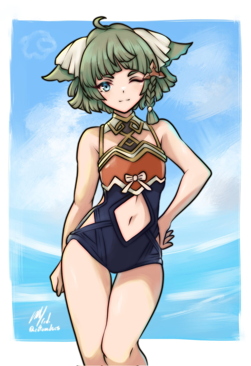 1other ;) animal_ears bare_arms bare_shoulders braid cat_ears clothing_cutout flat_chest green_hair grey_eyes hand_on_own_hip highres juniper_(xenoblade) navel_cutout one-piece_swimsuit one_eye_closed other_focus rotomdocs smile solo swimsuit xenoblade_chronicles_(series) xenoblade_chronicles_3