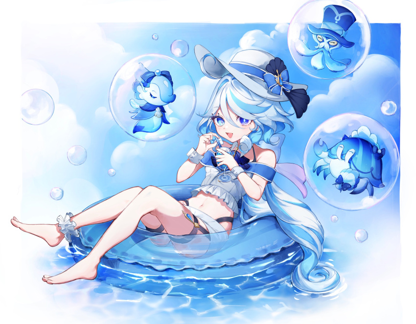 absurdres alternate_costume ankle_scrunchie blue_background blue_eyes blue_hair border cloud crop_top cup drop-shaped_pupils female full_body furina_(genshin_impact) genshin_impact gentilhomme_usher hat heterochromia highres holding holding_cup light_blue_hair long_hair mademoiselle_crabaletta navel on_innertube open_mouth scrunchie shirt short_shorts shorts sikaku solo stomach surintendante_chevalmarin symbol-shaped_pupils water wavy_hair white_border white_hat white_shirt white_shorts wrist_cuffs