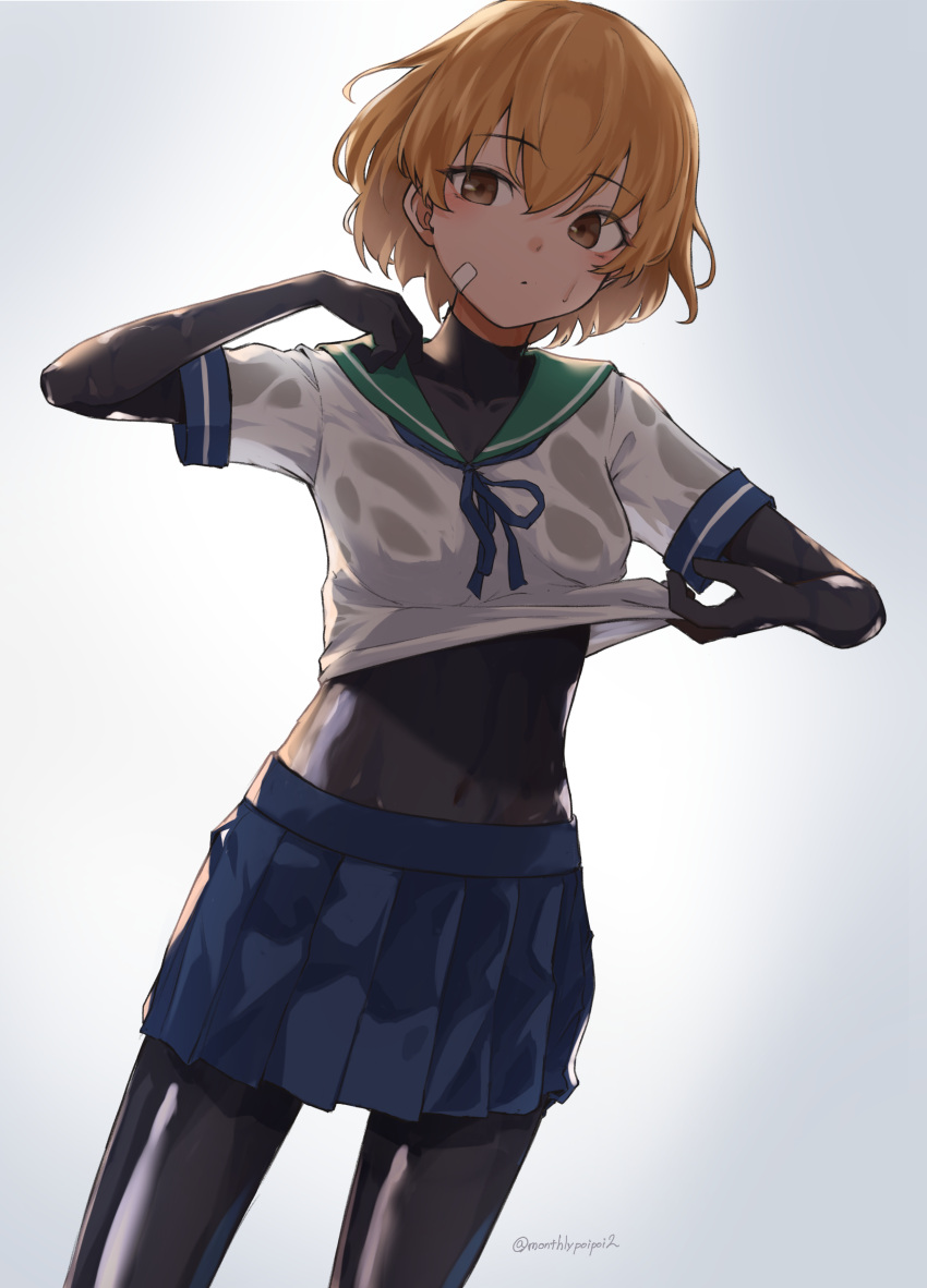 absurdres bandaid bandaid_on_face black_bodysuit blue_neckerchief blue_skirt bodysuit bodysuit_under_clothes brown_eyes brown_hair clothes_lift covered_navel female gradient_background green_sailor_collar grey_background highres kantai_collection neckerchief oboro_(kancolle) sailor_collar sailor_shirt school_uniform serafuku shirt shirt_lift short_hair simple_background skirt solo standing umibudou white_shirt