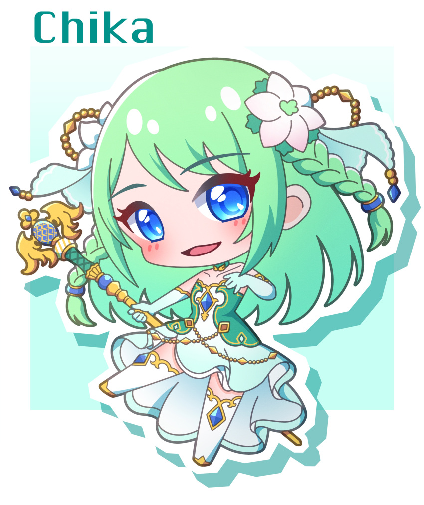 :d absurdres bare_shoulders blue_background blue_dress blue_eyes blue_gloves blush boots braid character_name chibi chika_(princess_connect!) collarbone commentary_request dress elbow_gloves female flower full_body gloves green_dress green_hair hair_flower hair_ornament hand_up highres holding holding_staff looking_at_viewer outline princess_connect! saishosaisekojo smile solo staff strapless strapless_dress thigh_boots twin_braids white_flower white_footwear white_outline