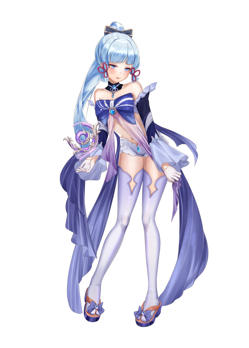 absurdres bare_shoulders blue_eyes blue_hair blunt_bangs blush bow bow-shaped_hair breasts closed_mouth cosplay female genshin_impact gloves hair_ornament highres jewelry kamisato_ayaka light_blue_hair long_hair long_sleeves looking_at_viewer midriff navel ponytail pou_bao ribbon sangonomiya_kokomi sangonomiya_kokomi_(cosplay) shorts solo thighhighs white_gloves white_shorts white_thighhighs wide_sleeves