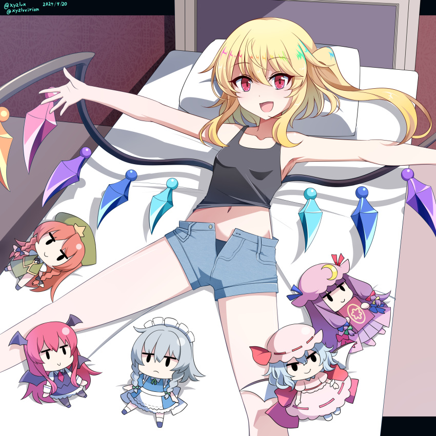 absurdres alternate_costume blonde_hair character_doll character_request crop_top denim denim_shorts female flandre_scarlet hebitsukai-san highres hong_meiling izayoi_sakuya koakuma long_hair lying multiple_girls navel on_back on_bed open_mouth patchouli_knowledge red_eyes remilia_scarlet shorts side_ponytail touhou