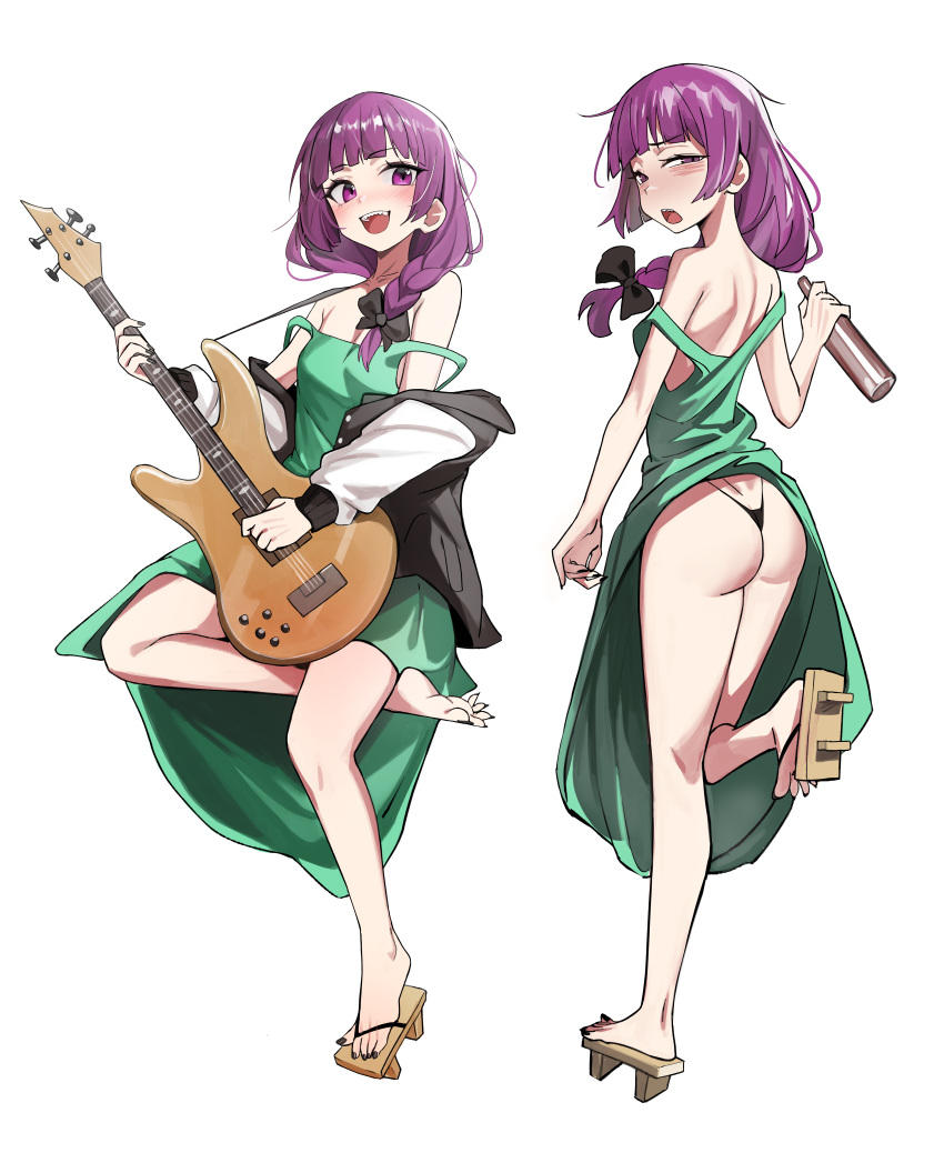 absurdres ass bass_guitar black_bow black_nails blunt_bangs blush bocchi_the_rock! bow braid dress drunk female from_behind green_dress hair_over_shoulder hairbow highres hiroi_kikuri instrument kiritzugu long_hair looking_at_viewer looking_back open_mouth purple_eyes purple_hair sharp_teeth simple_background single_braid smile standing teeth white_background