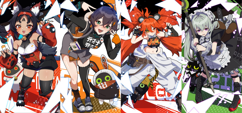 4girls absurdres animal_bag animal_ear_fluff animal_ears apron asymmetrical_gloves bangboo_(zenless_zone_zero) bear_bag belle_(zenless_zone_zero) belt bent_over black_dress black_footwear black_gloves black_hair black_shirt blue_hair blush breasts brown_hair cat_ears cat_girl circular_saw closed_mouth corin_wickes crop_top crossed_bangs double_v dress earrings elbow_gloves eyepatch facial_mark fingerless_gloves fingernails flame_print forehead_mark full_body furrowed_brow gloves green_eyes green_hair hair_between_eyes hair_ornament highres holding jacket jewelry koleda_belobog long_hair long_sleeves looking_at_viewer maid maid_apron maid_headdress metal_hairband midriff mismatched_gloves multiple_girls navel nekomata nekomiya_mana oerba_yun_fang open_mouth orange_belt orange_socks pants parted_bangs puffy_sleeves purple_eyes red_eyes red_hair saw screw_hair_ornament shirt short_hair short_sleeves sidelocks simple_background single_elbow_glove single_fingerless_glove single_thighhigh sleeveless sleeveless_jacket smile socks spiked_headband standing thighhighs twintails v white_apron white_pants yamada_otonari zenless_zone_zero