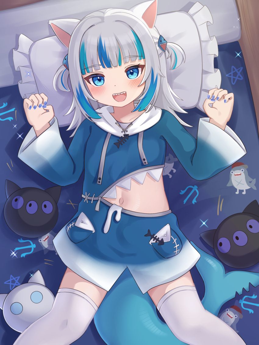 :d absurdres alternate_costume animal_ears aqua_hair blue_eyes blue_hair blue_hoodie blue_nails blue_shorts blunt_bangs cat_ears cat_girl claw_pose commentary cowboy_shot female fins fish_tail gawr_gura gawr_gura_(1st_costume) hair_ornament highres hololive hololive_english hood hood_down hoodie long_sleeves looking_at_viewer lying medium_hair midriff_peek multicolored_hair navel nekopurin_(nyanko_prin) on_back on_bed open_mouth pillow shark_girl shark_hair_ornament shark_tail sharp_teeth short_twintails shorts smile solo streaked_hair tail teeth thighhighs twintails upper_teeth_only virtual_youtuber white_hair white_thighhighs zettai_ryouiki