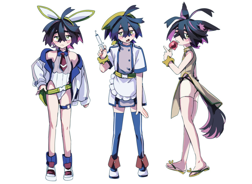 1boy alternate_costume animal_ears apron bag black_hair blue_thighhighs blush candy_apple closed_mouth crossdressing crossed_bangs dress fake_tail food full_body hairband highleg highleg_leotard highres holding jacket kemonomimi_mode kieran_(pokemon) leotard male_focus mole mole_on_neck multicolored_hair multiple_boys multiple_views open_clothes open_jacket open_mouth otoko_no_ko pokemon pokemon_sv purple_hair sandals shoes short_sleeves simple_background sleeveless standing sweat syringe tail thighhighs uzura_syouyu waist_apron white_background white_jacket yellow_bag yellow_eyes