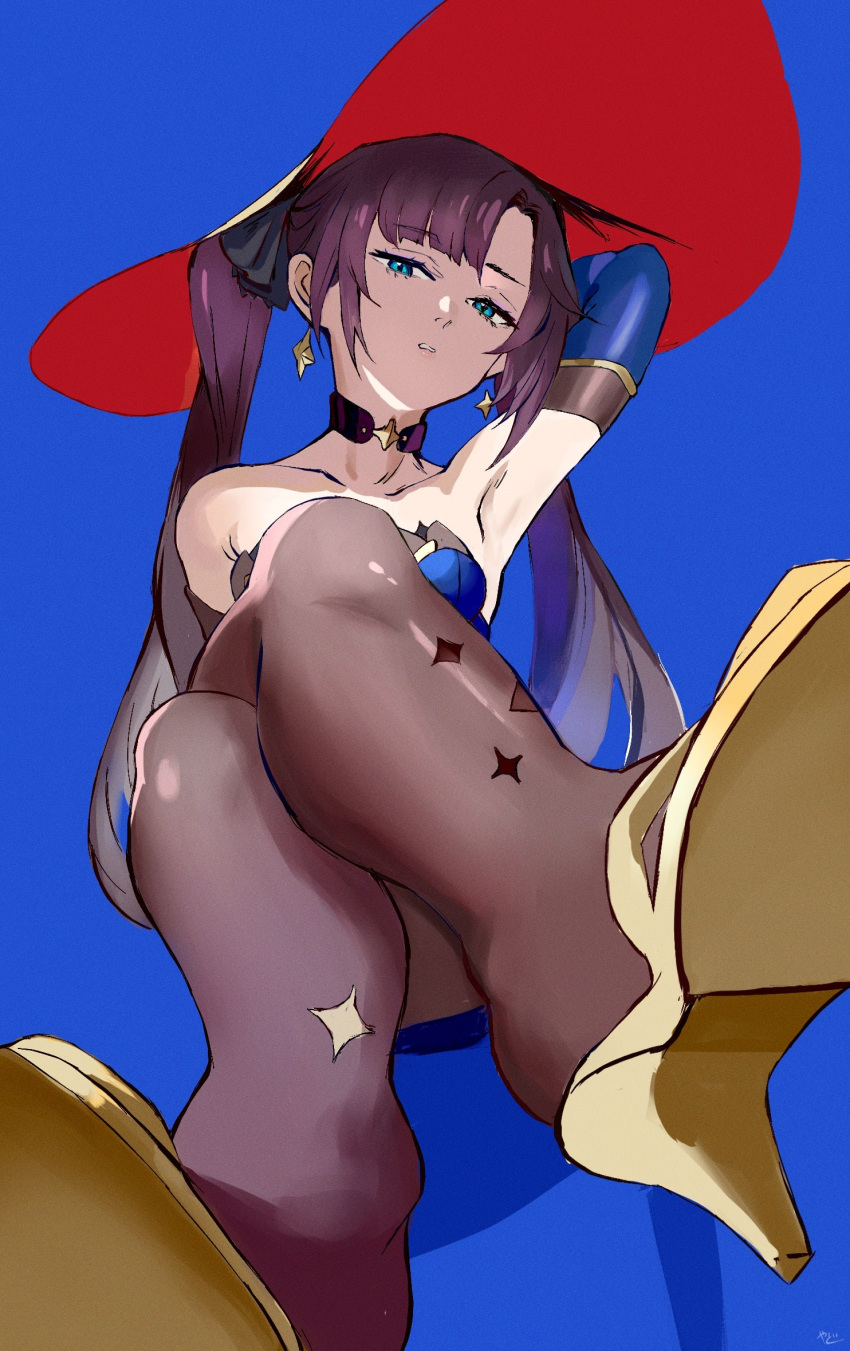 arm_up armpits black_pantyhose blue_background choker crossed_legs earrings elbow_gloves female from_below genshin_impact gloves hat high_heels highres jewelry large_hat legs looking_at_viewer mona_(genshin_impact) pantyhose soles solo thighs twintails yato_(yama0x1)