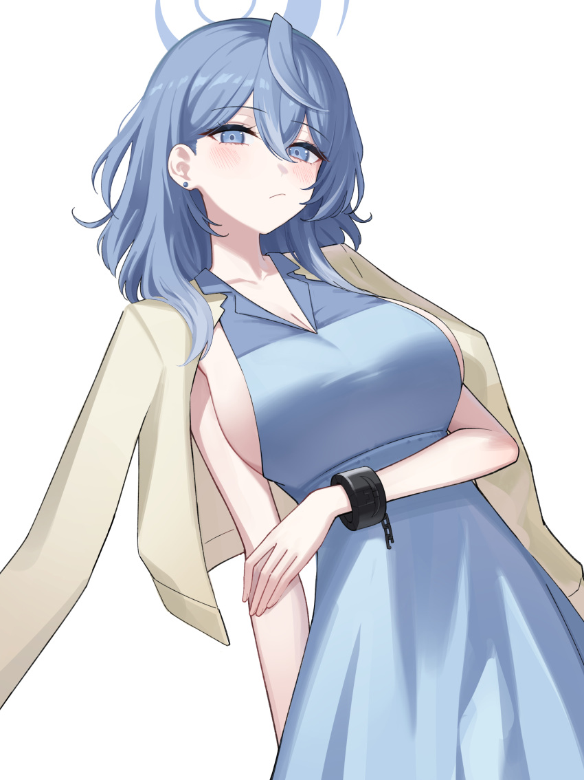 absurdres ako_(blue_archive) alternate_costume aoi_riko blue_archive blue_dress blue_eyes blue_hair blush breasts cleavage closed_mouth commentary_request dress ear_piercing female hair_between_eyes halo highres jacket jacket_on_shoulders large_breasts long_hair looking_at_viewer piercing sideboob simple_background sleeveless sleeveless_dress solo white_background yellow_jacket