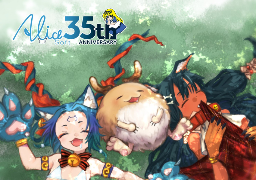 2girls animal_ears animal_hands bikini black_hair blue_hair bone_hair_ornament cat_ears closed_eyes commentary_request creature dark-skinned_female dark_skin dog_ears drooling flat_chest gloves grass hair_ornament horns kayblis kaybnyan kaybwan long_hair lying multiple_girls on_back open_mouth paw_gloves rance_(series) ryuuseki11 short_hair sleeping swimsuit