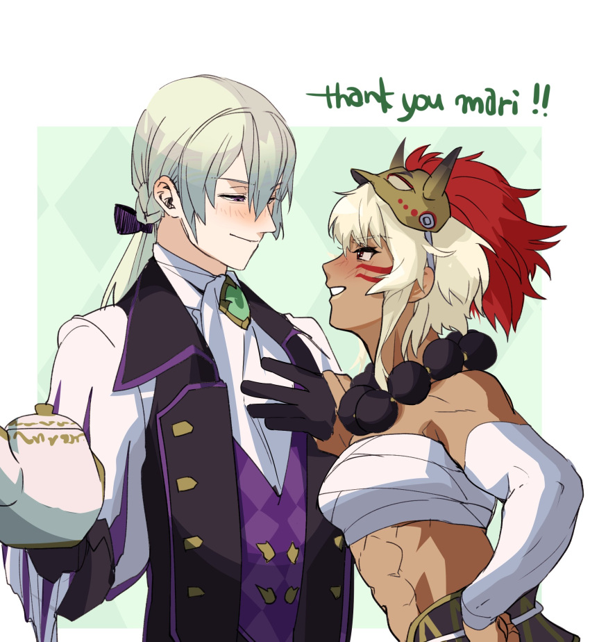 1boy aristocratic_clothes butler commission couple dark-skinned_female dark_skin female fire_emblem fire_emblem_fates grey_hair highres holding holding_teapot jakob_(fire_emblem) ko-fi_commission low_ponytail misokatsuhaumai muscular muscular_female ponytail purple_eyes red_eyes rinkah_(fire_emblem) straight teapot tuxedo_shirt white_hair