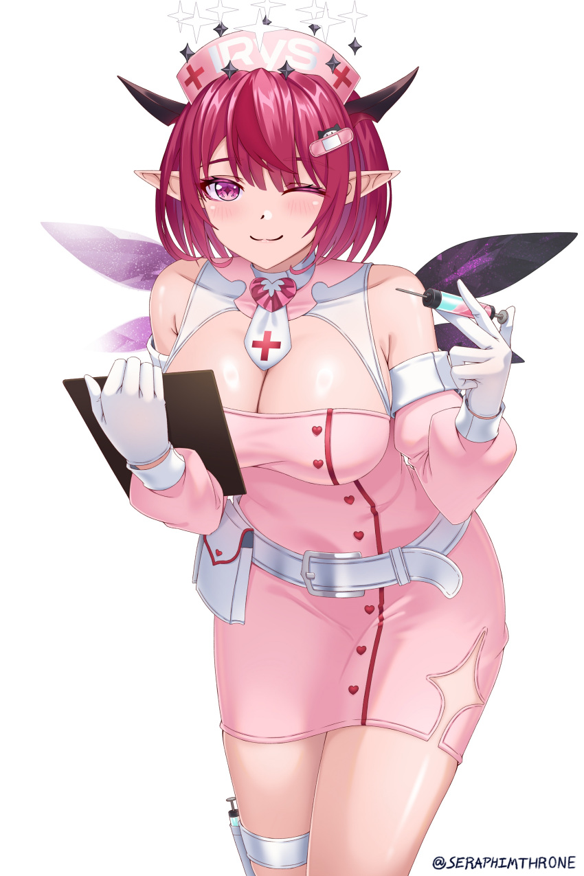 absurdres alternate_costume bandaid bandaid_hair_ornament belt blush breasts cleavage cleavage_cutout clipboard clothing_cutout double_halo dress female gloves hair_ornament halo hat highres holding holding_clipboard hololive hololive_english irys_(hololive) large_breasts looking_at_viewer nurse nurse_cap one_eye_closed pink_dress pink_hat poi red_eyes red_hair seraphim_throne smile solo star_halo thigh_strap virtual_youtuber white_background white_belt white_gloves wings