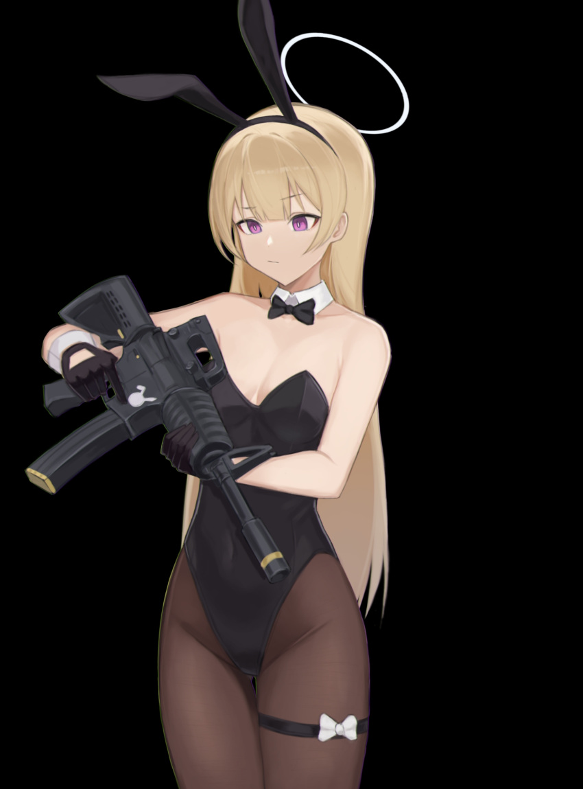 absurdres animal_ears assault_rifle bajigurr black_background black_bow black_bowtie black_gloves black_hairband black_leotard blonde_hair blue_archive bow bowtie breasts bunny_girl_guard_(sr)_(blue_archive) cleavage covered_navel detached_collar fake_animal_ears gloves gun hairband halo highres leotard long_hair pantyhose playboy_bunny purple_eyes rabbit_ears rifle second-party_source simple_background standing strapless strapless_leotard thigh_strap weapon white_halo