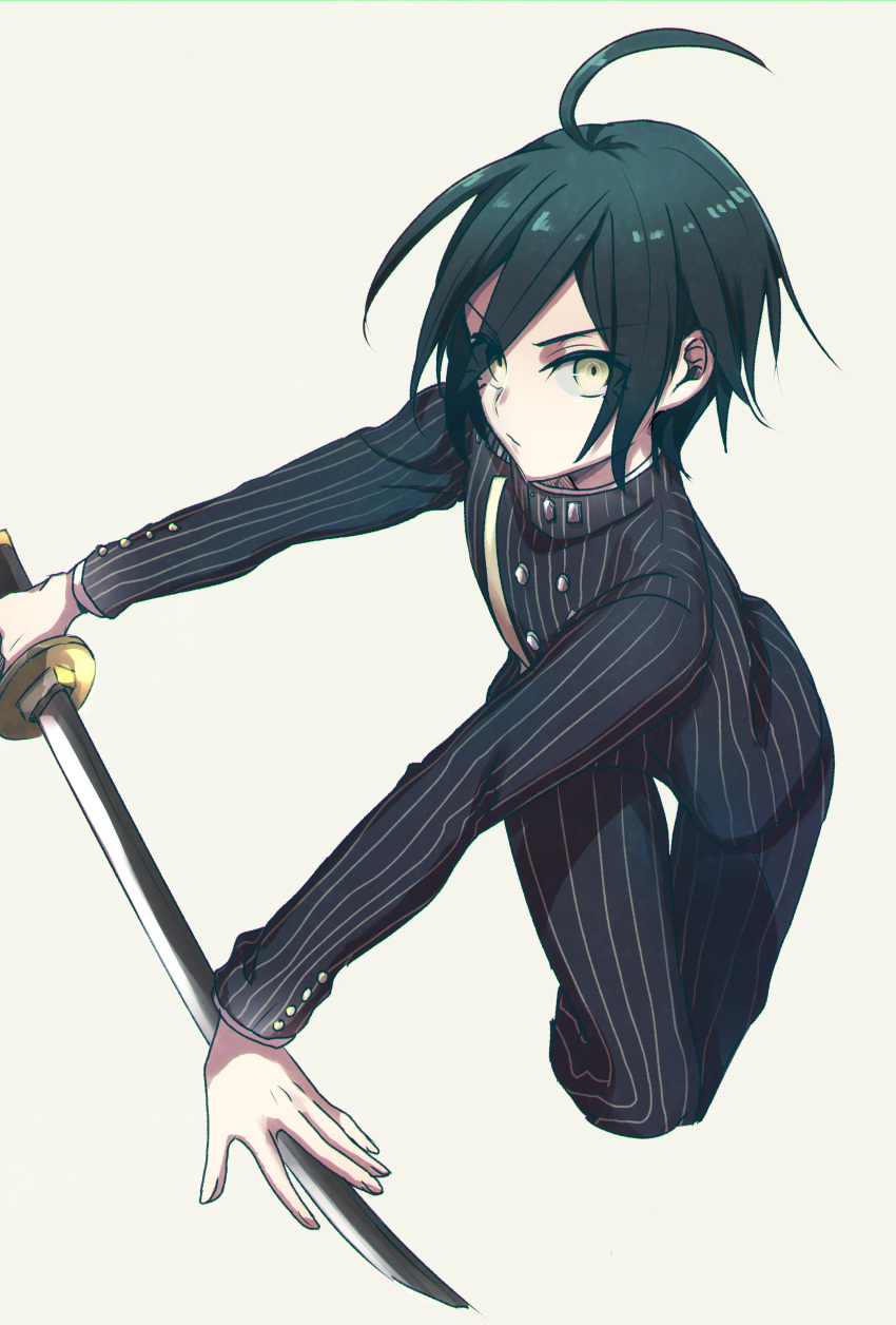 1boy absurdres ahoge black_hair black_jacket buttons collared_jacket commentary danganronpa_(series) danganronpa_v3:_killing_harmony dynamic_pose eyelashes hair_between_eyes hand_on_blade highres holding holding_sword holding_weapon jacket kitsunebi_v3kokonn long_sleeves looking_at_viewer male_focus pants pinstripe_jacket pinstripe_pants pinstripe_pattern saihara_shuichi short_hair simple_background solo striped_clothes striped_jacket striped_pants sword thigh_gap vertical-striped_sleeves weapon white_background yellow_eyes