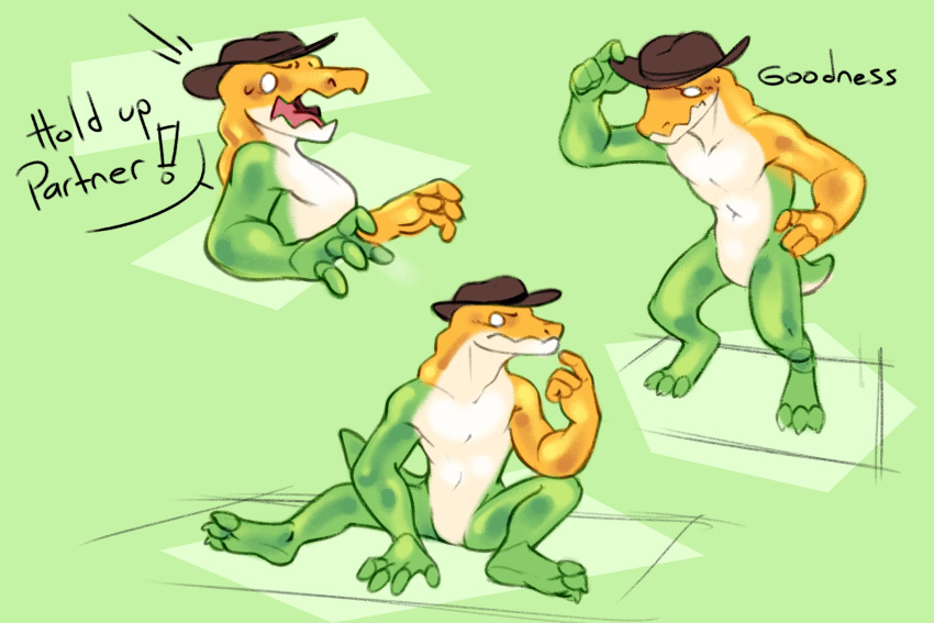 2024 3:2 alligator alligatorid anthro biped clothing cowboy_hat_only crocodilian glitch_productions green_body gummigoo_(tadc) hat hat_only headgear headgear_only headwear headwear_only hi_res lewny_creature looking_at_viewer male mostly_nude nude_anthro nude_male reptile scalie solo the_amazing_digital_circus white_body yellow_body