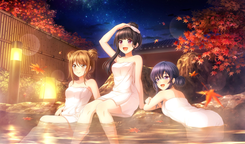 3girls :d autumn autumn_leaves black_hair blue_hair blurry brown_eyes brown_hair cinderella_series closed_mouth depth_of_field double_bun falling_leaves game_cg hachigatsu_no_cinderella_nine hair_bun highres kondou_saki leaf long_hair looking_up maple_leaf milky_way multiple_girls nagai_kanako naked_towel night night_sky nitta_minako non-web_source official_alternate_hairstyle official_art onsen open_mouth outdoors partially_submerged purple_eyes rock single_hair_bun single_side_bun single_sidelock sitting sky smile soaking_feet sparkle star_(sky) towel towel_on_head tree water white_towel