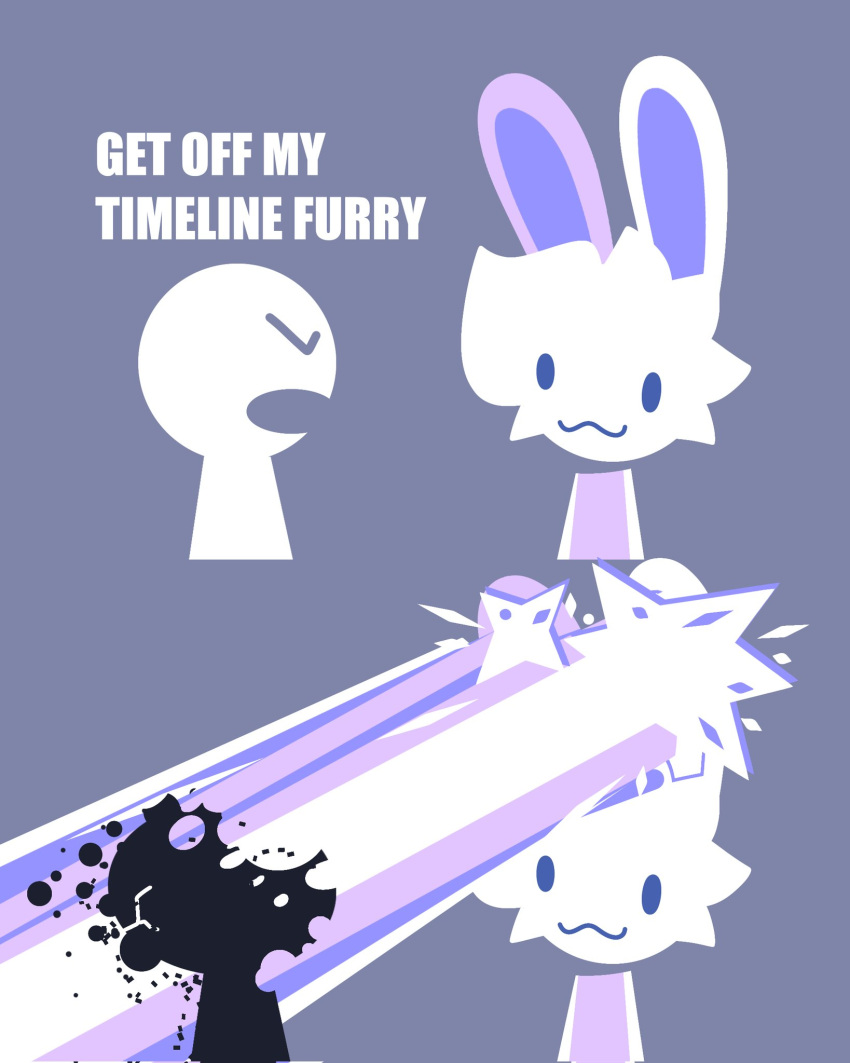 2024 :3 anthro arti_(artifyber) artifyber colored countershading death digital_drawing_(artwork) digital_media_(artwork) disintegration duo ears_up english_text eyebrows fur hair hi_res human instant_loss_2koma killing lagomorph laser laser_ears leporid male mammal noseless purple_background purple_body purple_countershading purple_eyes purple_fur purple_inner_ear purple_laser rabbit rabbit_ears restricted_palette simple_background text white_ears white_hair white_text