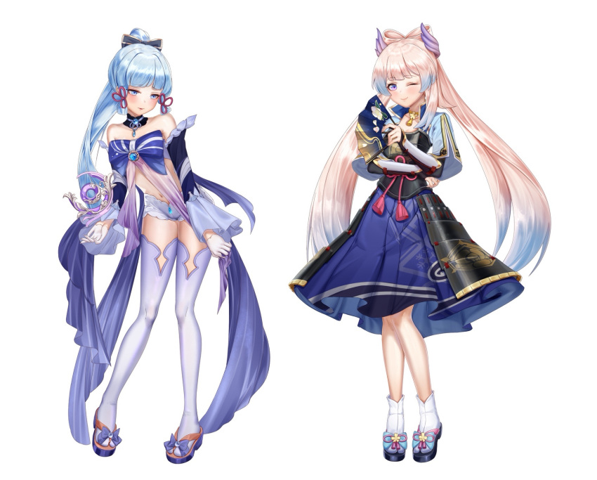 2girls armor bare_shoulders blue_eyes blue_hair blunt_bangs blush bow bow-shaped_hair breasts closed_mouth cosplay costume_switch genshin_impact geta gloves gradient_hair hair_ornament hand_fan highres holding holding_fan japanese_armor japanese_clothes jewelry kamisato_ayaka kamisato_ayaka_(cosplay) light_blue_hair long_hair long_sleeves looking_at_viewer midriff multicolored_hair multiple_girls navel neck_tassel one_eye_closed pink_hair ponytail pou_bao purple_eyes ribbon sangonomiya_kokomi sangonomiya_kokomi_(cosplay) shorts smile tassel thighhighs very_long_hair white_background white_gloves white_shorts white_thighhighs wide_sleeves