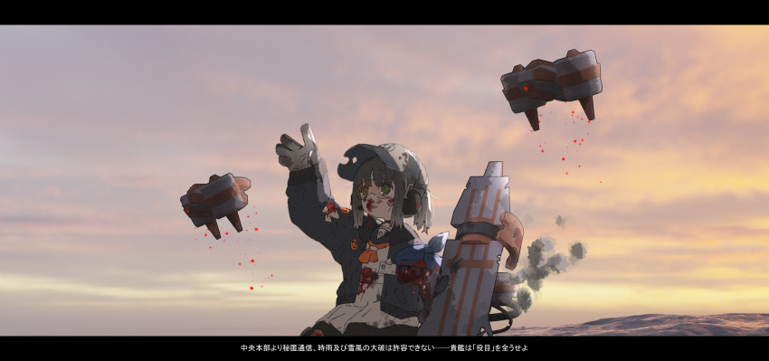 amonitto arm_up black_hair black_sailor_collar blood blood_on_clothes blood_on_face blue_jacket cloud cloudy_sky commission day evening female goggles green_eyes hat headphones highres injury jacket kantai_collection letterboxed necktie open_clothes open_jacket orange_necktie original outdoors ponytail rigging sailor_collar skeb_commission sky smoke torn_clothes torn_hat water