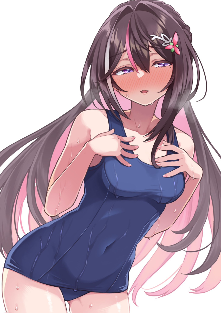 @-you_(you_2023_8_16) alternate_costume azki_(hololive) blue_one-piece_swimsuit blush breasts brown_hair colored_inner_hair covered_navel female hair_ornament hairpin hand_on_own_chest highres hololive long_hair looking_at_viewer medium_breasts multicolored_hair one-piece_swimsuit open_mouth pink_hair purple_eyes solo streaked_hair swimsuit virtual_youtuber wet white_background