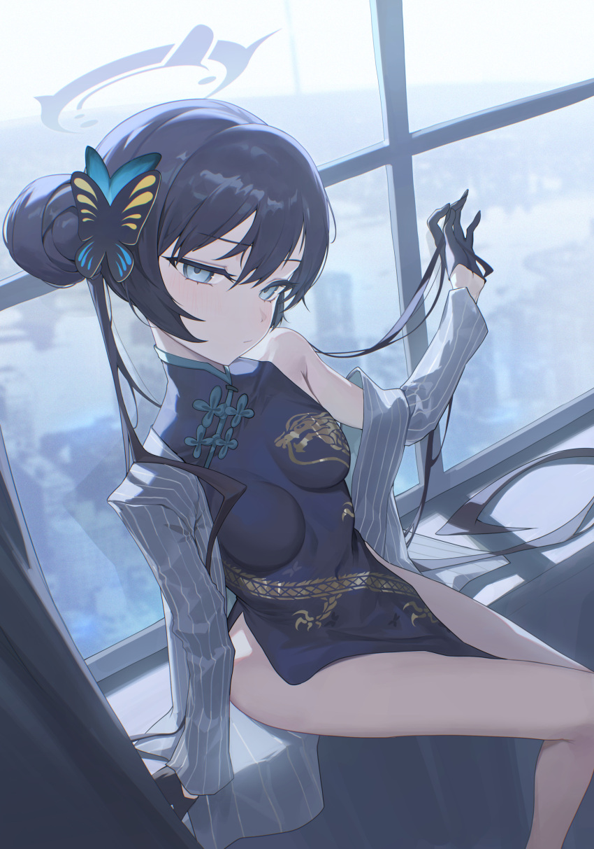 absurdres bare_shoulders black_dress black_gloves black_hair blue_archive blush braid braided_bun breasts butterfly_hair_ornament china_dress chinese_clothes coat double_bun dragon_print dress female gloves gold_trim grey_coat grey_eyes hair_bun hair_ornament half_gloves halo highres kisaki_(blue_archive) long_hair long_sleeves looking_at_viewer off_shoulder pelvic_curtain pinstripe_pattern sb_lama short_dress side_slit sitting small_breasts solo striped_coat thighs twintails vertical-striped_coat window