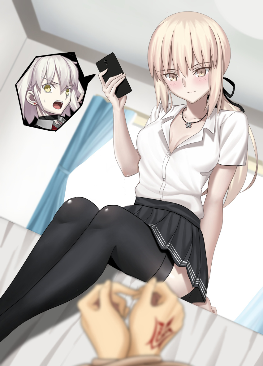 2girls absurdres artoria_pendragon_(fate) black_ribbon black_skirt black_thighhighs blonde_hair blush breasts cellphone closed_mouth fate/grand_order fate_(series) fujimaru_ritsuka_(male) hair_ribbon highres jeanne_d'arc_alter_(fate) long_hair longdq3008 multiple_girls open_mouth orange_eyes phone ribbon saber_alter shirt short_hair skirt small_breasts smartphone smile tail teeth thighhighs white_shirt