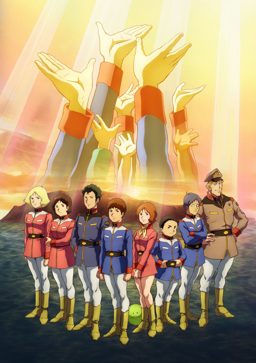 alternate_universe amuro_ray blonde_hair blue_hair blue_jacket boots breasts bright_noa brown_hair brown_jacket earth_federation fraw_bow good_end gundam haro hat hayato_kobayashi highres island jacket kai_shiden key_visual looking_at_viewer medium_breasts military military_uniform mirai_yashima mobile_suit_gundam mobile_suit_gundam:_cucuruz_doan's_island ocean official_art outstretched_hand pants pink_jacket promotional_art robot sayla_mass science_fiction short_hair sleggar_law soldier standing sunlight uniform white_pants yellow_footwear