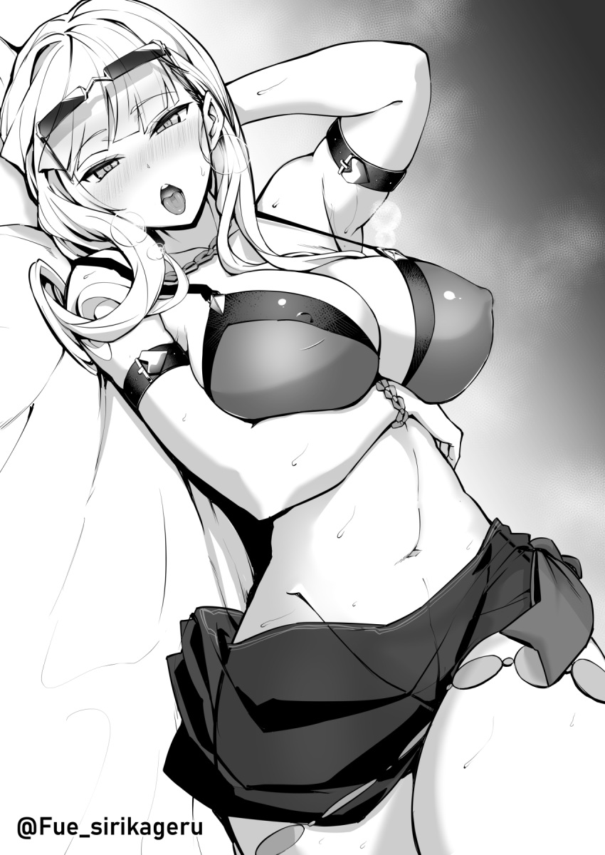 bare_shoulders bikini blush breasts carmilla_(fate) carmilla_(summertime_mistress)_(fate) cleavage fate/grand_order fate_(series) female fue_(rhomphair) greyscale highres large_breasts long_hair looking_at_viewer monochrome navel open_mouth solo swimsuit thighs