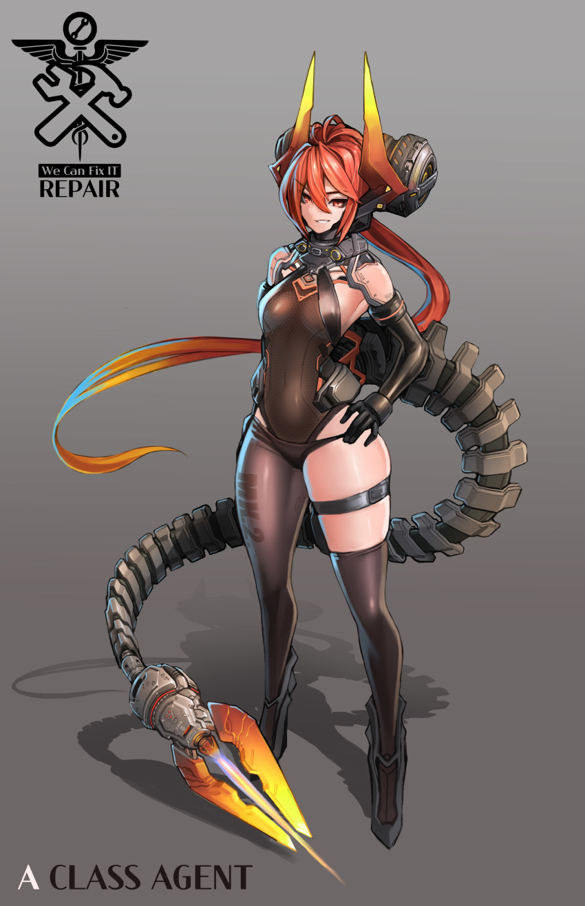 absurdres arm_at_side bad_id bad_pixiv_id barcode bare_shoulders blowtorch breasts commentary_request elbow_gloves female full_body gloves gradient_background grey_background grin hand_on_own_hip headgear highres horns korean_commentary long_hair looking_at_viewer mechanical_tail original photoshop_(medium) platinum1945 ponytail red_eyes red_hair shadow shoulder_pads single_thighhigh skin_tight skindentation small_breasts smile solo tail thigh_strap thighhighs tsurime very_long_hair