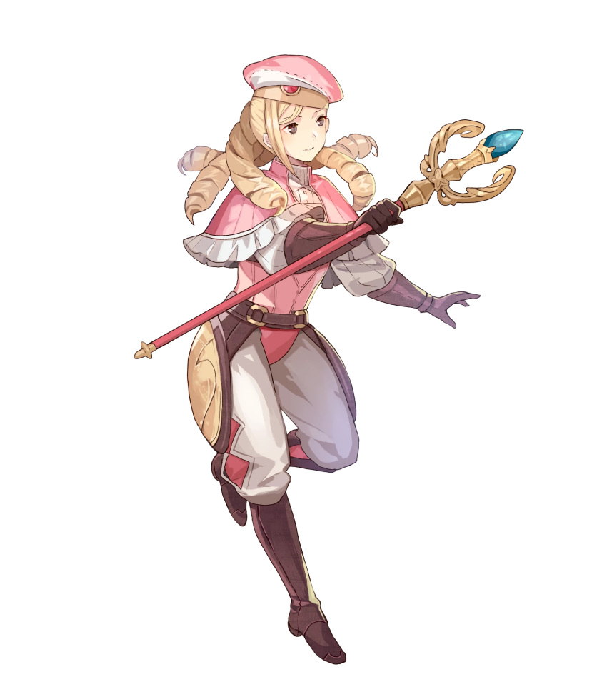 1boy belt beret black_eyes blonde_hair boots drill_hair fire_emblem fire_emblem_fates fire_emblem_heroes forrest_(fire_emblem) full_body gloves hat highres long_hair male_focus non-web_source official_art otoko_no_ko pink_theme solo staff tobi_(kotetsu) transparent_background