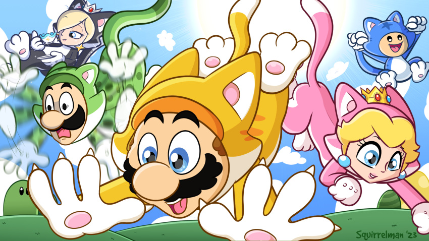 16:9 3_toes 4_fingers accessory animal_humanoid arms_bent bent_legs beverage big_nose blonde_hair blue_body blue_eyes blue_fur blue_toad brown_hair cat_costume cat_luigi cat_mario_(character) cat_peach cat_rosalina cat_toad clawed_fingers claws clothed clothing cloud container costume crossed_legs crown cup digital_media_(artwork) dipstick_tail domestic_cat ear_piercing ear_ring eyebrows eyelashes facial_hair falling feet felid felid_humanoid feline feline_humanoid felis female feral fingers flapping floating fully_clothed fur fursuit gem gloves grass green_body green_fur grey_body group hair handwear headgear hi_res hill holding_object human humanoid in_the_air jumping looking_down luigi lying male mammal mammal_humanoid mario mario_bros markings moustache multicolored_body multicolored_fur mushroom_kingdom nintendo onesie open_mouth outside panicking pawpads piercing pink_body pink_fur pink_inner_ear pink_pawpads plant plate pounce power_up princess_peach ring_piercing rosalina_(mario) scared sky skyscape smile spots spotted_body spotted_fur spotted_markings squirrelman striped_body striped_fur stripes sun super_mario_3d_world super_mario_galaxy tail tail_markings tea tea_cup teeth toad_(mario) toes tongue two_tone_body two_tone_face two_tone_fur white_body white_fur white_tail_tip widescreen yellow_body yellow_fur