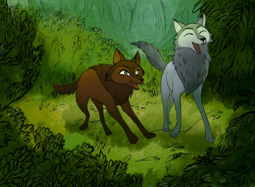 2020 brown_body brown_fur canid canine canis cartoon_saloon closed_eyes duo female feral forest fur grass green_eyes grey_body grey_fur gwynvii hi_res mammal mebh_og_mactire plant robyn_goodfellowe shrub smile tree wolf wolfwalkers