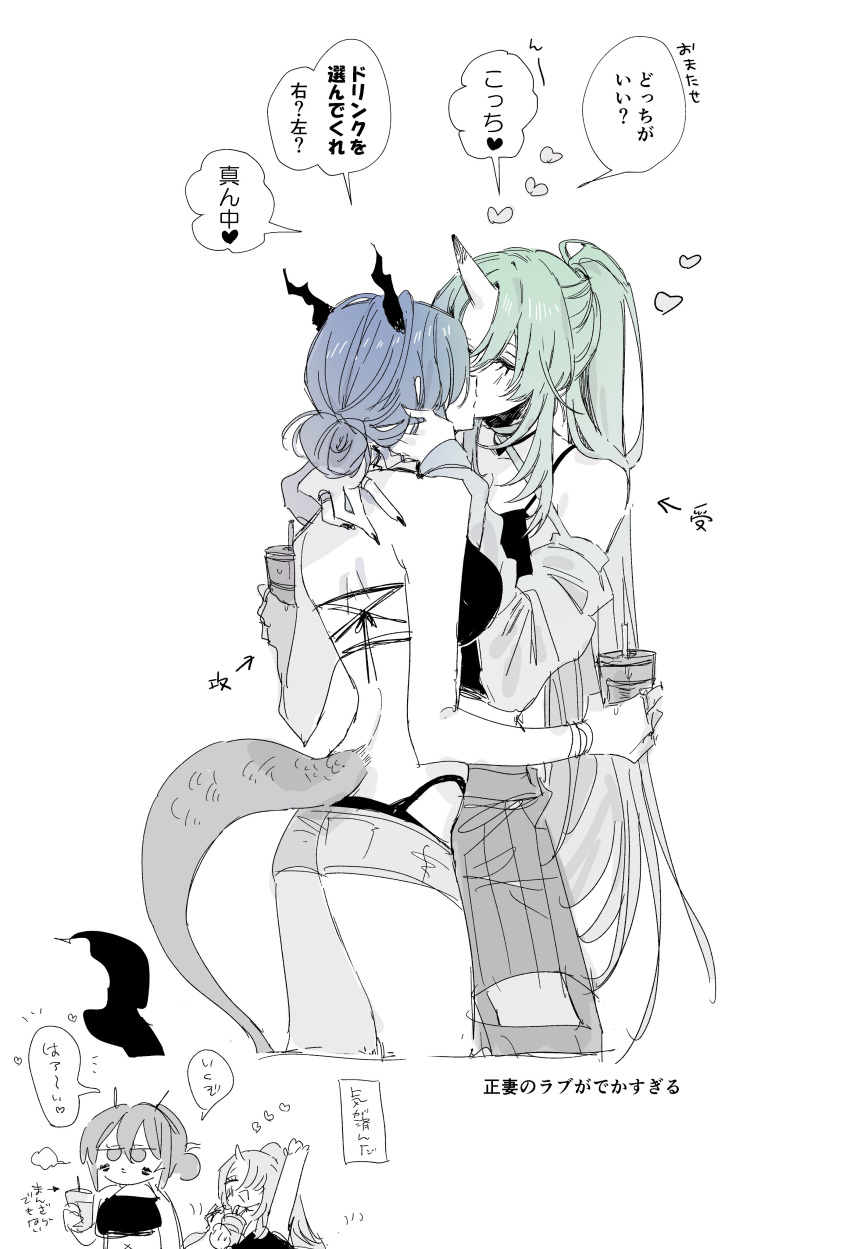 2girls absurdres arknights bikini black_bikini blue_hair ch'en_(arknights) commentary dragon_girl dragon_horns dragon_tail fingernails green_hair hair_bun hand_on_another's_back hand_on_another's_head heart highres horns hoshiguma_(arknights) lipstick_mark lipstick_mark_on_face long_hair multiple_girls nam_(nnnmber) off_shoulder ponytail sharp_fingernails short_shorts shorts simple_background single_horn speech_bubble swimsuit symbol-only_commentary tail translation_request white_background yuri