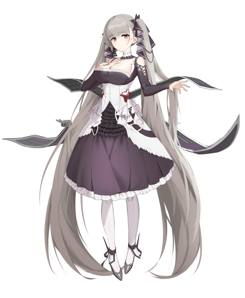 absurdly_long_hair absurdres azur_lane bare_shoulders between_breasts black_dress black_footwear black_nails breasts cleavage clothing_cutout detached_collar dress female flight_deck formidable_(azur_lane) frilled_dress frills grey_hair hair_ribbon hand_on_own_chest helenhe highres large_breasts long_hair looking_at_viewer nail_polish red_eyes ribbon shoes shoulder_cutout simple_background solo twintails two-tone_dress two-tone_ribbon very_long_hair white_background