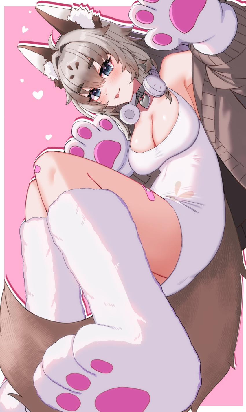 absurdres animal_ear_fluff animal_ears animal_hands bandaid bandaid_on_knee bandaid_on_leg bandaid_on_thigh blue_eyes breasts brown_cardigan brown_hair brown_tail cardigan cleavage collar dress fox_ears fox_girl fox_tail foxplushy gloves grey_collar hair_intakes headphones headphones_around_neck heart_collar highres indie_virtual_youtuber kuwahara_taiki long_hair paw_gloves paw_shoes pink_background sleeveless sleeveless_dress smile tail tongue tongue_out virtual_youtuber white_dress