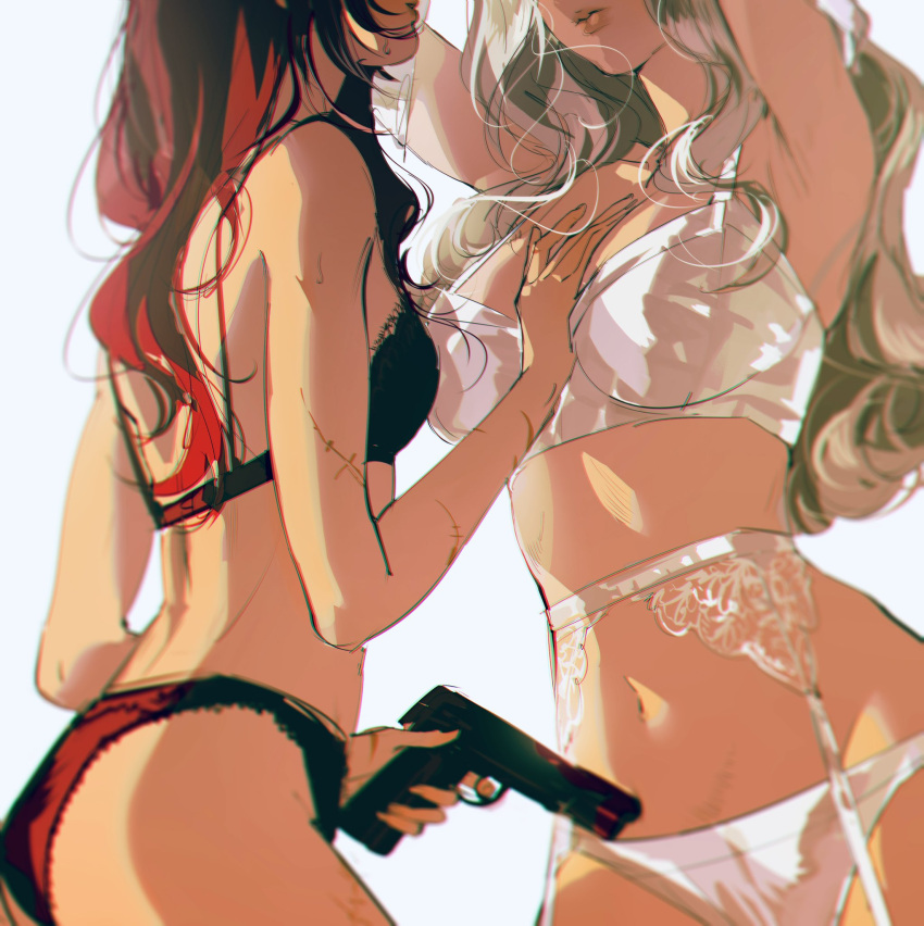 2girls aiming armpits arms_up black_bra black_hair black_panties blonde_hair bra breasts chromatic_aberration finger_on_trigger garter_belt gun hand_on_another's_cheek hand_on_another's_face handgun highres holding holding_gun holding_weapon large_breasts lingerie long_hair multiple_girls navel original panties red_hair rrr_(reason) scar scar_on_arm simple_background small_breasts sweatdrop underwear underwear_only weapon white_background white_bra white_panties yuri