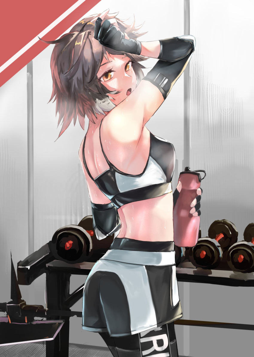 arknights bird_girl black_gloves black_leggings black_shorts black_sports_bra bottle breath brown_hair compression_sleeve dumbbell exercising feather_hair female fingerless_gloves from_side gloves gym halberd heavy_breathing highres kirisame_tarou leggings leggings_under_shorts multicolored_clothes multicolored_shorts multicolored_sports_bra open_mouth plume_(arknights) plume_(easy_time)_(arknights) polearm short_hair shorts solo sports_bra sweat water_bottle weapon white_shorts white_sports_bra wiping_sweat yellow_eyes