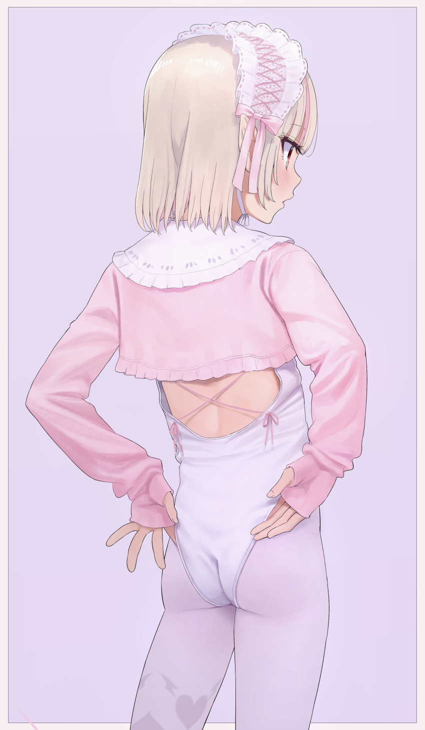 absurdres adjusting_clothes adjusting_leotard ass blonde_hair bonnet border commentary_request cowboy_shot cropped_shirt female flat_ass frilled_bonnet frilled_shirt_collar frills from_behind grey_background heart heart_tattoo highres leg_tattoo leotard long_sleeves makaino_ririmu multicolored_hair nijisanji open_mouth outside_border pantyhose pink_hair pink_shirt pointy_ears red_eyes revision sabamen shirt short_hair simple_background solo standing streaked_hair tattoo two-tone_hair virtual_youtuber white_border white_leotard