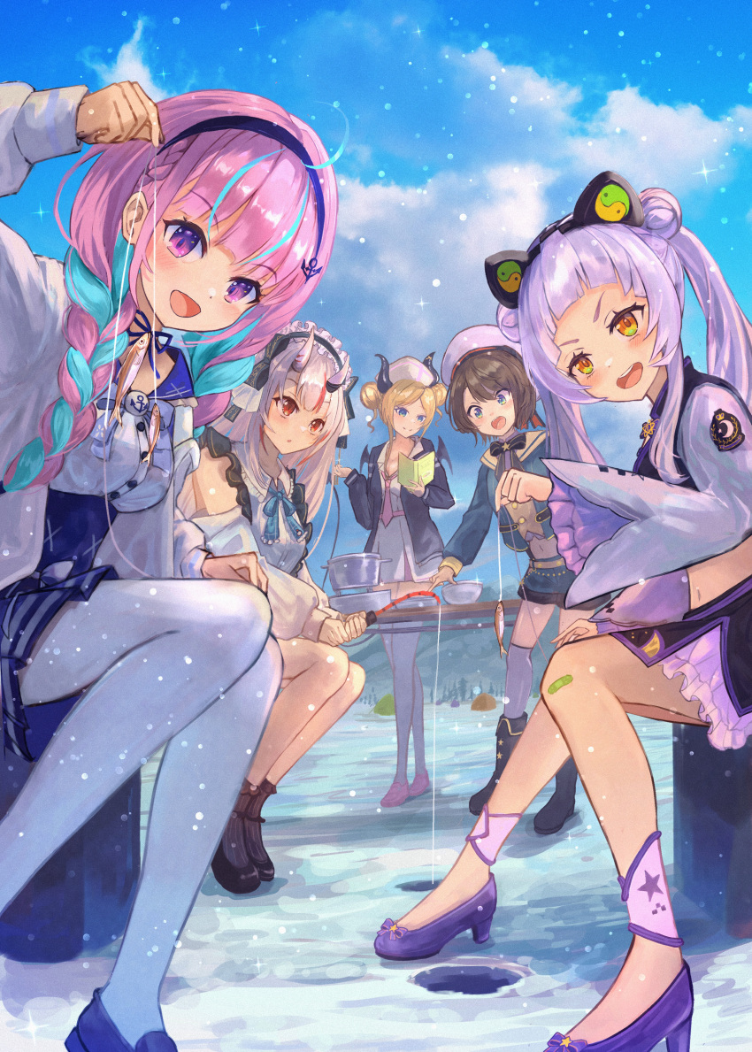 5girls absurdres bandaid bandaid_on_leg black_footwear black_horns blue_eyes braid brown_hair cloud double_bun fish fishing fishing_line grey_hair hair_bun hat high_heels highres hololive horns long_hair maid_headdress minato_aqua multiple_girls murasaki_shion nakiri_ayame oozora_subaru open_mouth pink_hair purple_eyes purple_footwear purple_hair star_tattoo tattoo twin_braids twintails virtual_youtuber white_hat xyunx yuzuki_choco