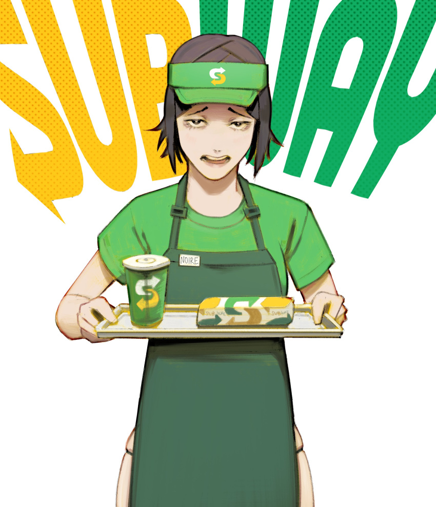 absurdres alternate_costume apron black_eyes black_hair cup disposable_cup employee_uniform fast_food_uniform female fire_emblem fire_emblem_awakening food food_wrapper green_apron green_hat green_shirt hat highres holding holding_tray looking_at_viewer noire_(fire_emblem) sandwich shirt skindentation solo subway_(company) tray visor_cap xyanaid