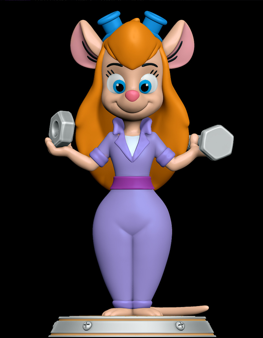 3d_(artwork) 3d_modeling 3d_print anthro belt blonde_hair blue_eyes chip_'n_dale_rescue_rangers clothed clothing digital_media_(artwork) disney eyewear female gadget_hackwrench glasses hair hands_up hi_res mammal mouse murid murine rodent sillytoys simple_background smile solo stage