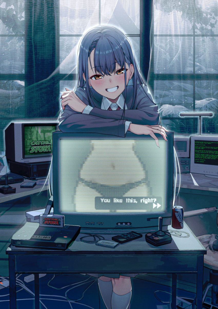 arm_rest art_shift black_panties blue_hair blush cable can cassette_tape collared_shirt commentary computer controller crt desk dialogue_box english_commentary english_text feet_out_of_frame female game_cartridge game_console gameplay_mechanics grin highres indoors joystick kabu_(niniko2ko) kneehighs leaning_on_object long_hair looking_at_viewer navel orange_eyes original panties pixel_art pixelated revealing_layer shirt smile socks solo standing teeth underwear visual_novel white_shirt white_socks