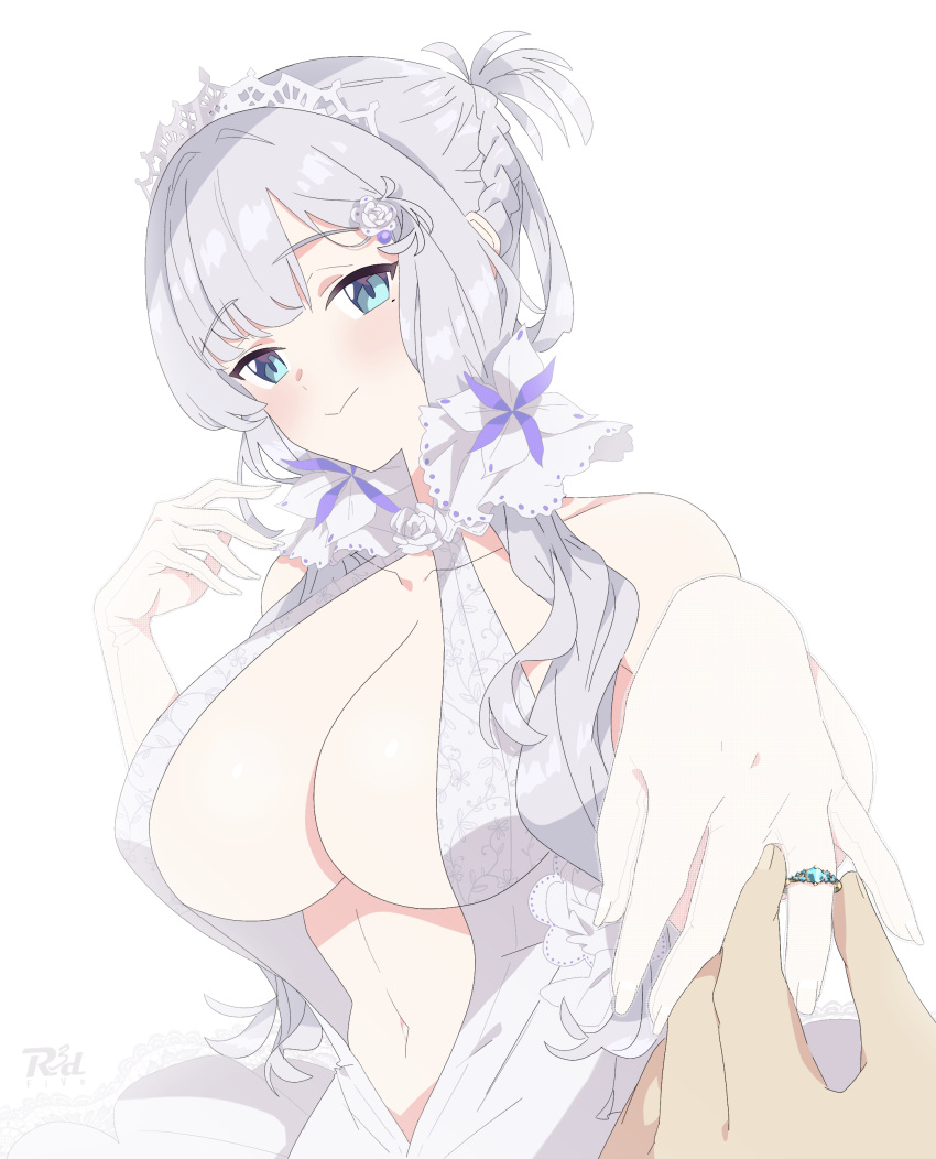 1other absurdres artist_name azur_lane blue_eyes breasts bridal_veil center_opening dress english_commentary female flower gloves highres illustrious_(azur_lane) illustrious_(morning_star_of_love_and_hope)_(azur_lane) jewelry lace-trimmed_dress lace_trim large_breasts looking_at_viewer mole mole_under_eye navel official_alternate_costume pov pov_hands r3dfive ring rose simple_background solo_focus tiara tri_tails veil wedding_dress wedding_ring white_background white_dress white_flower white_gloves white_hair white_rose