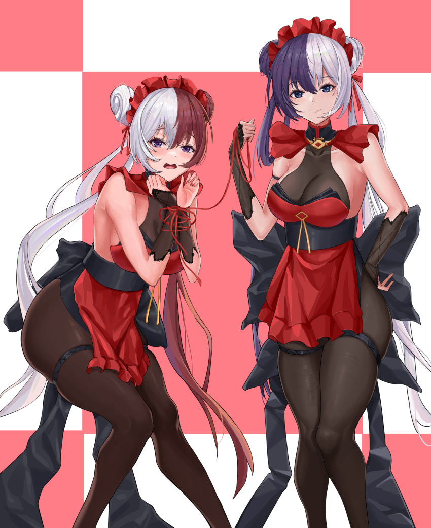 2girls absurdres azur_lane blue_eyes bodystocking breasts chao_ho_(azur_lane) chao_ho_(frolicking_flowers_verse_ii)_(azur_lane) checkered_background cleavage detached_sleeves double_bun feet_out_of_frame frilled_hairband frills hair_bun hairband highres holding holding_string large_breasts long_hair looking_at_viewer multicolored_hair multiple_girls official_alternate_costume pantyhose purple_eyes purple_hair red_background red_hair see-through_cleavage see-through_clothes siblings sisters split-color_hair string string_of_fate thigh_strap two-tone_background two-tone_hair very_long_hair white_background white_hair yanmengsi ying_swei_(azur_lane) ying_swei_(frolicking_flowers_verse_i)_(azur_lane)