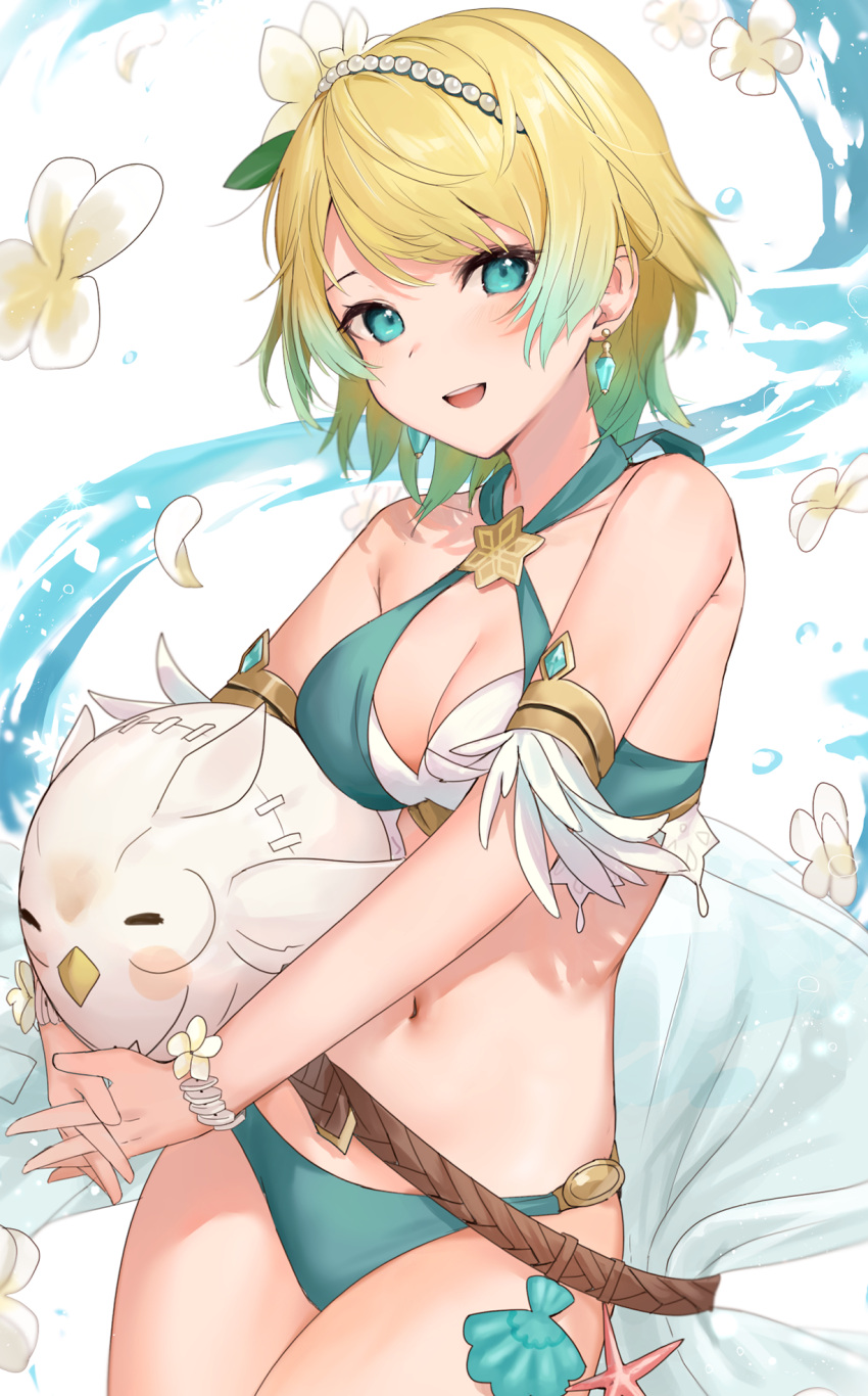 aqua_bikini bikini blonde_hair blue_eyes breasts character_doll commentary criss-cross_halter earrings feh_(fire_emblem_heroes) female fire_emblem fire_emblem_heroes fjorm_(fire_emblem) fjorm_(summer)_(fire_emblem) flower halterneck haru_(nakajou-28) highres jewelry looking_at_viewer medium_breasts navel official_alternate_costume petals short_hair smile solo swimsuit teeth upper_teeth_only