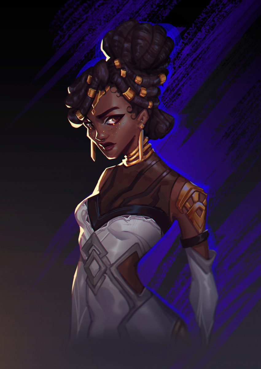 absurdres arcane:_league_of_legends armor black_background black_hair blue_background breasts brown_background collarbone cropped_torso dark-skinned_female dark_skin detached_sleeves devin_(devinscribbles) dreadlocks dress earrings female gold_armor gradient_background grey_dress hair_bun hair_ornament highres jewelry league_of_legends long_sleeves mel_medarda shoulder_plates single_hair_bun small_breasts solo very_dark_skin