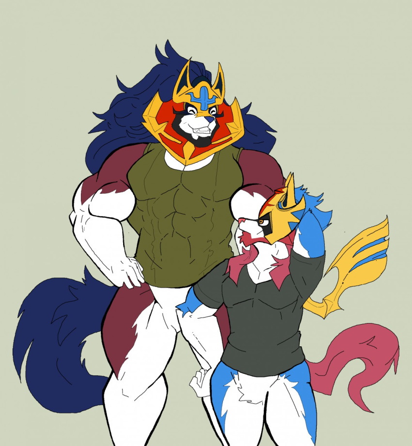 anthro bottomless closed_eyes clothed clothing crowned_shield_zamazenta crowned_sword_zacian generation_8_pokemon grey_background hand_behind_head hi_res legendary_pokemon looking_at_another male mc_morrales muscular nintendo pokemon pokemon_(species) simple_background size_difference smile zacian zamazenta