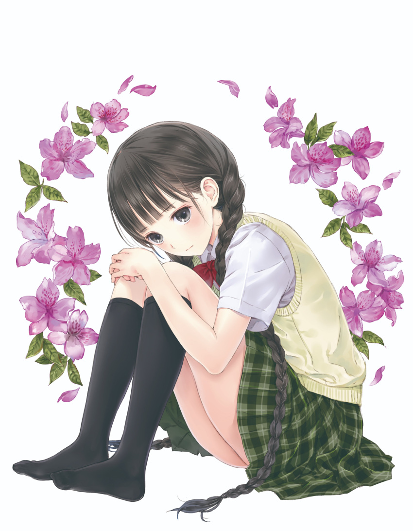 absurdres black_eyes black_hair black_socks blunt_bangs braid female flower full_body green_skirt highres hugging_own_legs kishida_mel kneehighs knees_up long_hair looking_at_viewer plaid plaid_skirt rdg_red_data_girl school_uniform shirt short_sleeves sitting skirt socks solo suzuhara_izumiko sweater_vest twin_braids white_background white_shirt