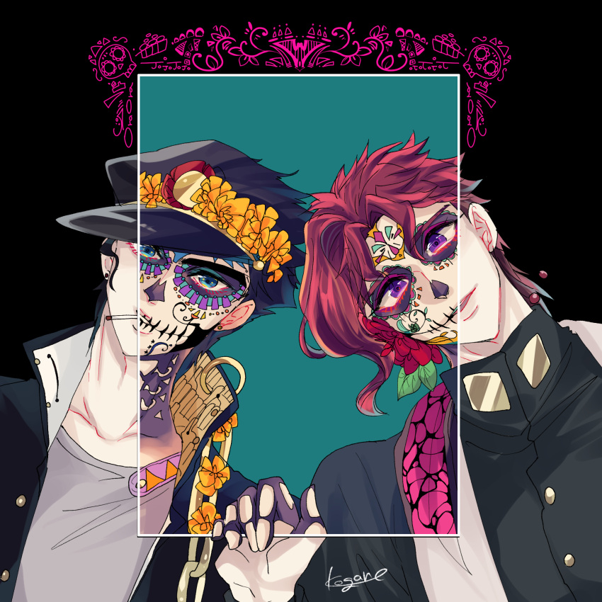 2boys black_hair blue_eyes calavera cempoalxochitl chains dia_de_muertos facepaint gakuran hat highres jojo_no_kimyou_na_bouken kakyoin_noriaki kogatarou kujo_jotaro long_coat male_focus marigold multiple_boys purple_eyes red_hair revealing_layer scarf school_uniform stardust_crusaders