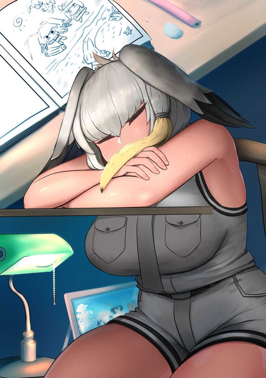 6+girls absurdres belt black_hair captain_(kemono_friends) closed_eyes collared_shirt commentary dhole_(kemono_friends) drawing grey_hair grey_necktie grey_shirt grey_shorts hair_between_eyes head_wings highres john_(a2556349) kemono_friends long_hair multicolored_hair multiple_girls necktie orange_hair paper pocket shirt shoebill_(kemono_friends) shorts sidelocks sleeping tan tibetan_fox_(kemono_friends) white_necktie wings