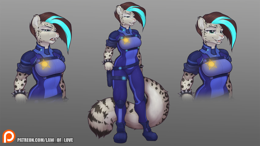 16:9 2020 ai'lu_(law_of_love) anthro black_hair black_spots bodysuit breasts clothed clothing digital_media_(artwork) ear_piercing ear_ring fangs felid female fur grey_body grey_fur hair law_of_love mammal markings open_mouth pantherine patreon patreon_logo piercing police reaper3d ring_piercing simple_background skinsuit smile snow_leopard solo spots spotted_body spotted_fur teeth text tight_clothing url widescreen